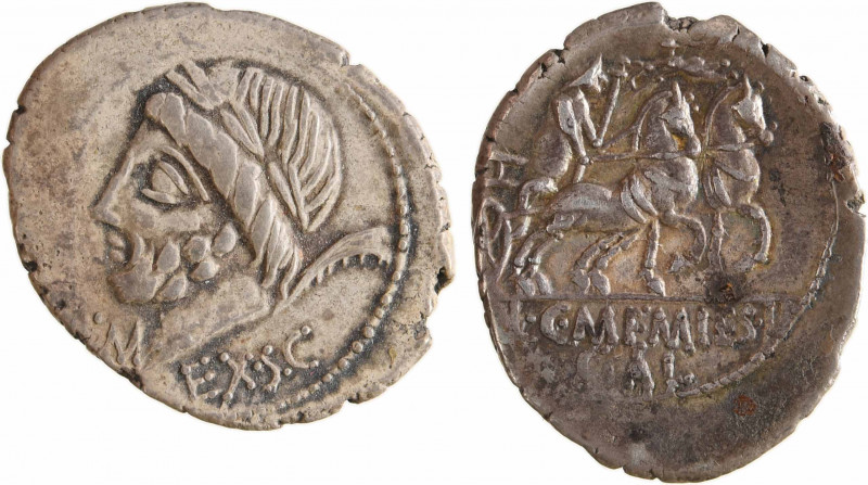 Memmia, denier, Rome, 87 av. J.-C.
A/EX S C
Tête laurée de Saturne à gauche ; ...