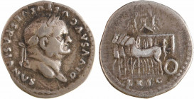 Divin Vespasien (sous Titus), denier, Rome, 80-81
A/DIVVS AVGVSTVS VESPASIANVS
Tête laurée à droite
R/EX - SC
Quadrige funéraire à gauche
TTB / T...