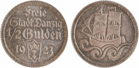 Allemagne, Dantzig (ville libre de), 1/2 florin (1/2 gulden), 1923 Berlin PROOFLIKE
Dans le champ FREIE STADT/ DANZIG/ 1/2 GULDEN/ écu accosté de la ...