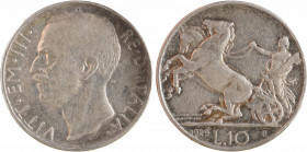 Italie (royaume d'), Victor-Emmanuel III, 10 lire, 1929 Rome
A/VITT. EM. III - RE. D'ITALIA
Tête nue à gauche
L'Italie dans un bige à gauche ; à l'...