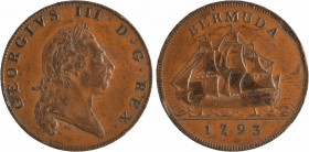 Royaume-Uni, îles Bermudes, Georges III, penny, 1793 Soho
A/GEORGIVS III D. G. REX
Buste lauré de Georges III à droite
R/BERMUDA
Trois-mâts voguan...