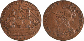Royaume-Uni, Hampshire, Gosport, halfpenny token, 1794
A/PRO BONO PUBLICO
Navire voguant à droite ; en-dessous (date)
R/PROMISSORY - HALFPENNY
Bus...