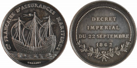 Second Empire, Compagnie française d'assurances maritimes, 1862 Paris
A/Cie FRANÇAISE D'ASSURANCES MARITIMES
Navire voguant à gauche ; à l'exergue s...