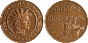 Guadeloupe, centenaire de la Banque de la Guadeloupe, 1953 Paris
A/100e ANNIVERSAIRE// 1853-1953
Buste d'Amérindien (le chef Karukéra) à droite, sig...