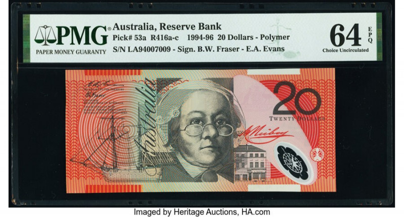 Australia Australia Reserve Bank 20 Dollars 1994-96 Pick 53a R416 PMG Choice Unc...