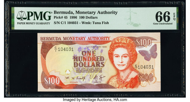 Bermuda Monetary Authority 100 Dollars 1996 Pick 45 PMG Gem Uncirculated 66 EPQ....