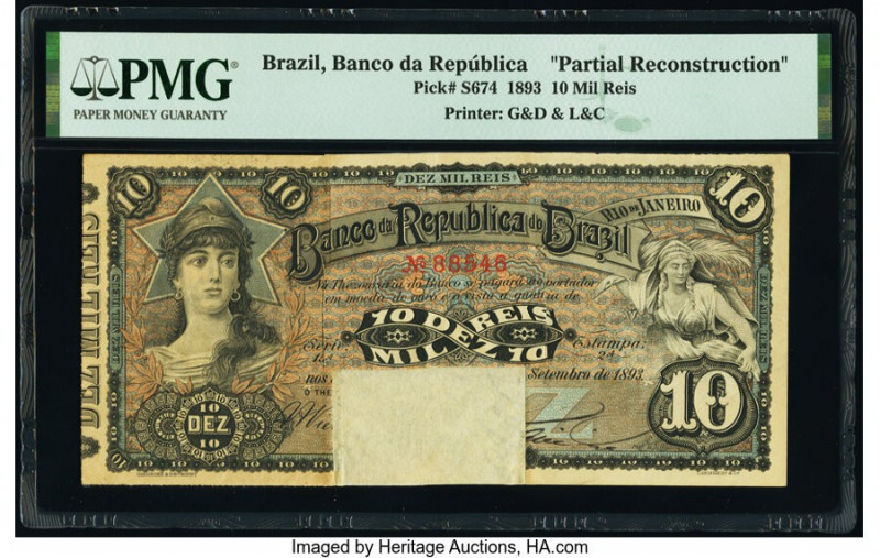 Brazil Banco da Republica 10 Mil Reis 9.1893 Pick S674 Partial Reconstruction PM...