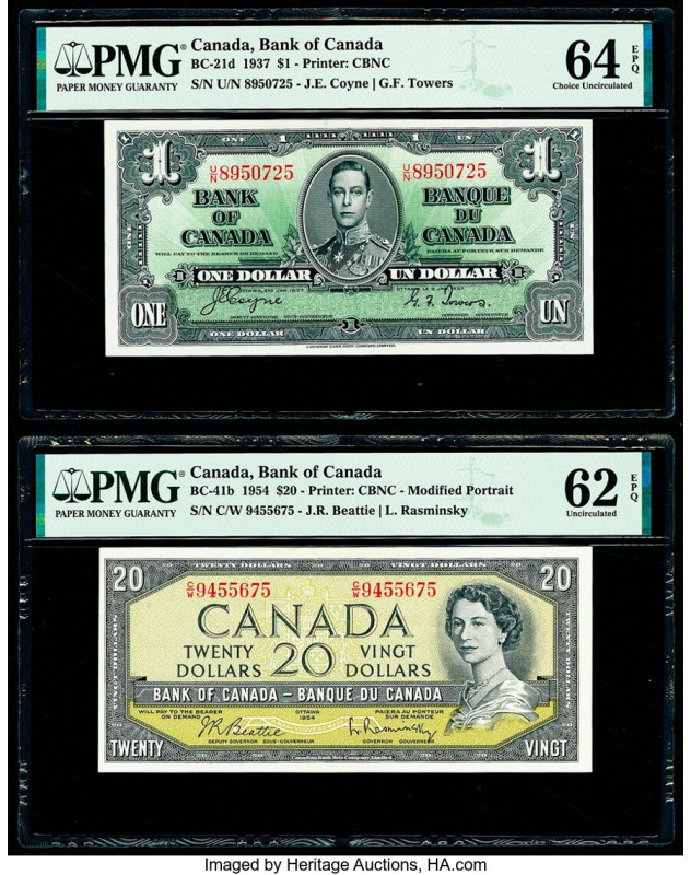 Canada Bank of Canada $1; 20 2.1.1937; 1954 BC-21d; BC-41b Two Examples PMG Choi...