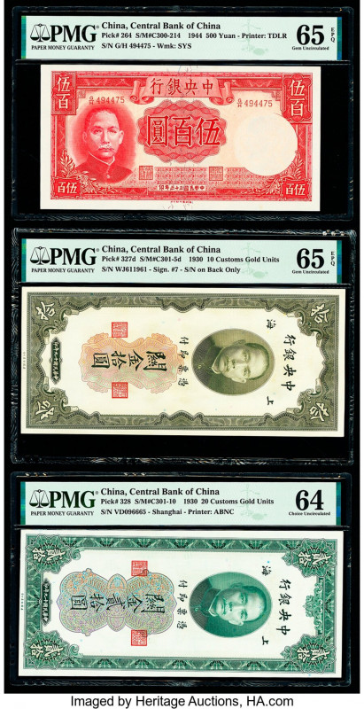 China Central Bank of China 500 Yuan; 10; 20 Customs Gold Units 1944; 1930 (2) P...