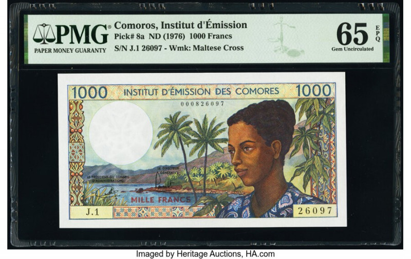 Comoros Institut d'Emission des Comores 1000 Francs ND (1976) Pick 8a PMG Gem Un...