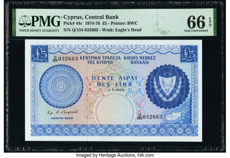 Cyprus Central Bank of Cyprus 5 Pounds 1.7.1975 Pick 44c PMG Gem Uncirculated 66...