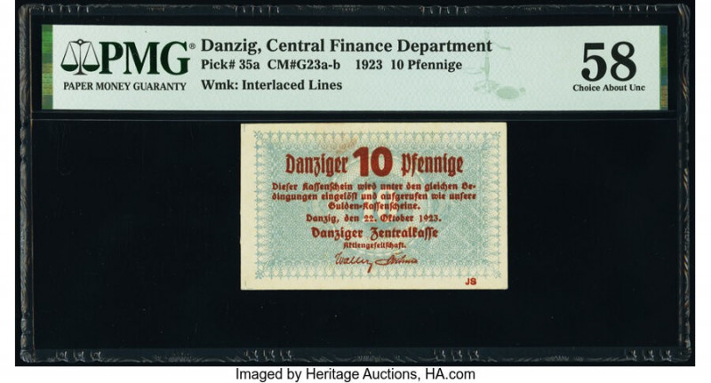 Danzig Central Finance Department 10 Pfennige 22.10.1923 Pick 35a PMG Choice Abo...