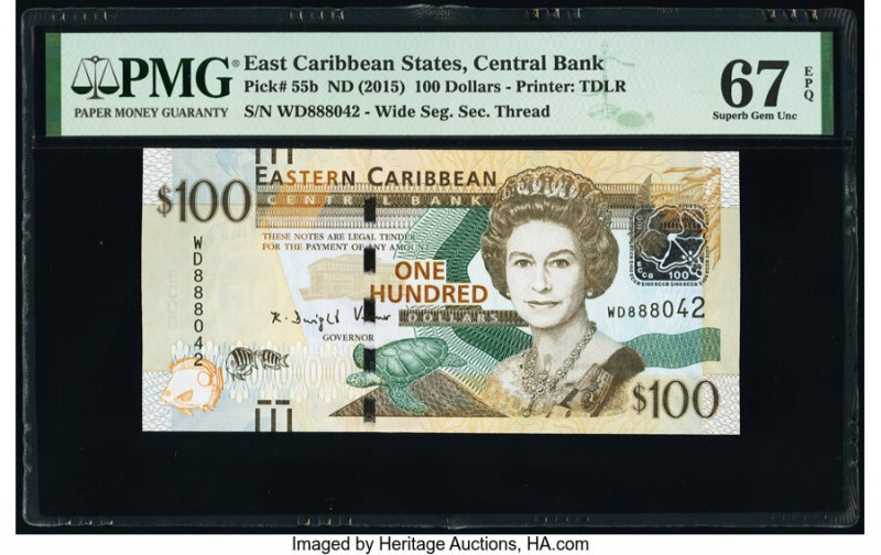 East Caribbean States Central Bank 100 Dollars ND (2015) Pick 55b PMG Superb Gem...