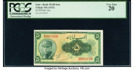 Iran Bank Melli 5 Rials ND (1933) / AH1312 Pick 24a PCGS Very Fine 20. 

HID09801242017

© 2020 Heritage Auctions | All Rights Reserved