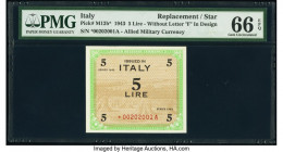 Italy Allied Military Currency 5 Lire 1943 Pick M12b* RC1 Replacement PMG Gem Uncirculated 66 EPQ. 

HID09801242017

© 2020 Heritage Auctions | All Ri...