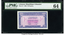 Lebanon Republique Libanaise 10 Piastres 1950 Pick 47 PMG Choice Uncirculated 64. 

HID09801242017

© 2020 Heritage Auctions | All Rights Reserved