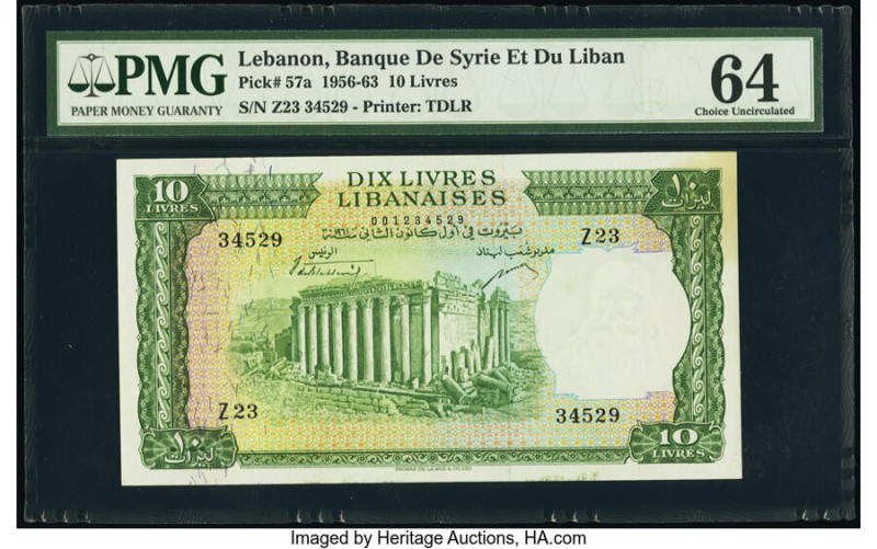Lebanon Banque de Syrie et du Liban 10 Livres 1956-63 Pick 57a PMG Choice Uncirc...