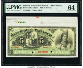 Mexico Banco De Tabasco 5 Pesos ND (1901-03) Pick S424as M513s Specimen PMG Choice Uncirculated 64. Two POCs.

HID09801242017

© 2020 Heritage Auction...