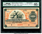 Mexico Banco Central 1000 Pesos ND (1908) Pick UNL M205s Specimen PMG Gem Uncirculated 65 EPQ. Red Specimen overprint, printer's stamp and two POCs.

...