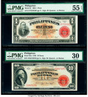 Philippines Philippine National Bank 1; 10 Pesos 1936 Pick 81; 84a Two Examples PMG About Uncirculated 55 EPQ; Very Fine 30. Pick 84a has paper pulls....