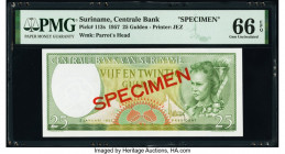 Suriname Centrale Bank 25 Gulden 1957 Pick 113s Specimen PMG Gem Uncirculated 66 EPQ. Red Specimen overprints.

HID09801242017

© 2020 Heritage Auctio...