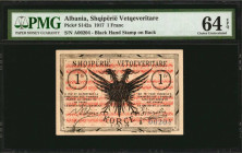 ALBANIA. Shqipërië Vetqeveritare. 1 Franc, 1917. P-S142a. PMG Choice Uncirculated 64 EPQ.

Estimate: $150.00 - $200.00