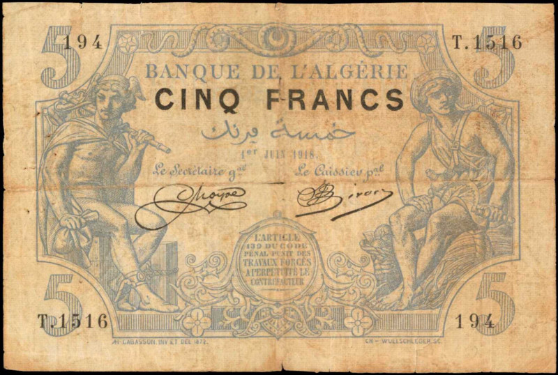 ALGERIA. Banque de L'Alegerie. 5 Francs, 1918. P-71b. Fine.

Internal splits, ...
