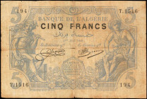 ALGERIA. Banque de L'Alegerie. 5 Francs, 1918. P-71b. Fine.

Internal splits, holes and margin splits are noticed.

Estimate: $50.00 - $100.00