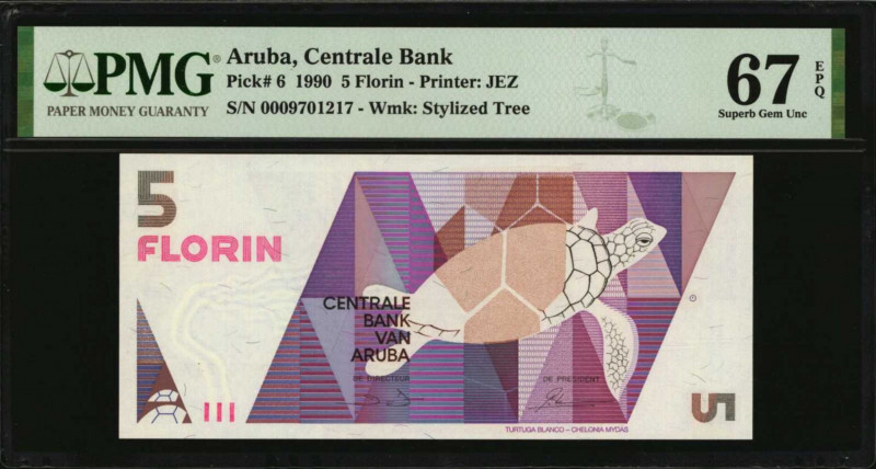 ARUBA. Centrale Bank. 5 Florin, 1990. P-6. PMG Superb Gem Uncirculated 67 EPQ.
...