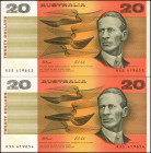 AUSTRALIA. Lot of (2). Reserve Bank of Australia. 20 Dollars, 1991. P-46b. Consecutive. Choice Uncirculated.

Estimate: $80.00 - $120.00