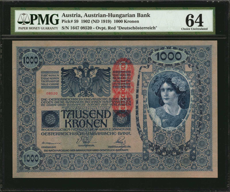 AUSTRIA. Austrian-Hungarian Bank. 1000 Kronen, 1902 (ND 1919). P-59. PMG Choice ...