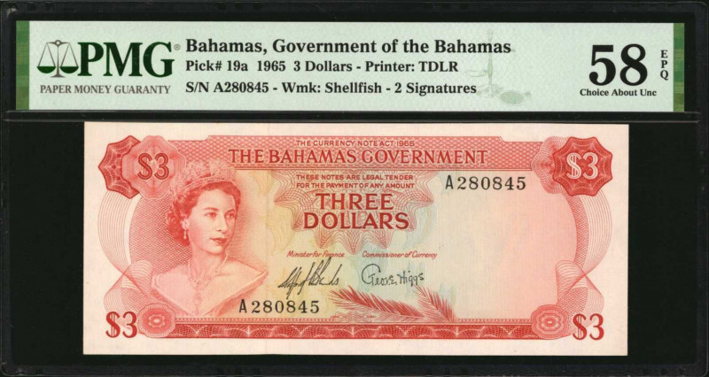 BAHAMAS. Government of the Bahamas. 3 Dollars, 1965. P-19a. PMG Choice About Unc...