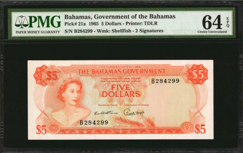 BAHAMAS. Government of the Bahamas. 5 Dollars, 1965. P-21a. PMG Choice Uncircula...