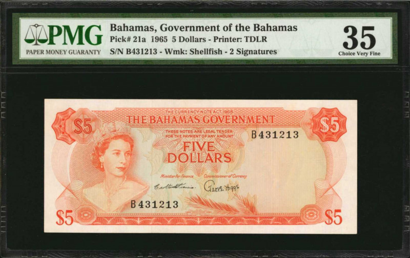 BAHAMAS. Government of the Bahamas. 5 Dollars, 1965. P-21a. PMG Choice Very Fine...