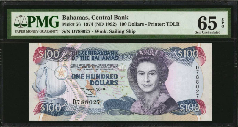 BAHAMAS. Central Bank of the Bahamas. 100 Dollars, 1974 (ND 1992). P-56. PMG Gem...