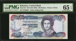 BAHAMAS. Central Bank of the Bahamas. 100 Dollars, 1974 (ND 1992). P-56. PMG Gem Uncirculated 65 EPQ.

Printed by TDLR. Watermark of sailing ship at...