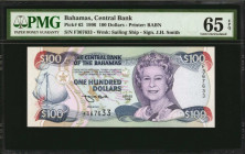 BAHAMAS. Central Bank of the Bahamas. 100 Dollars, 1996. P-62. PMG Gem Uncirculated 65 EPQ.

Printed by BABN. Watermark of sailing ship. Printed sig...