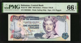 BAHAMAS. Central Bank of the Bahamas. 100 Dollars, 2000. P-67. PMG Gem Uncirculated 66 EPQ.

Printed by TDLR. Watermark of sailing ship. Signature o...