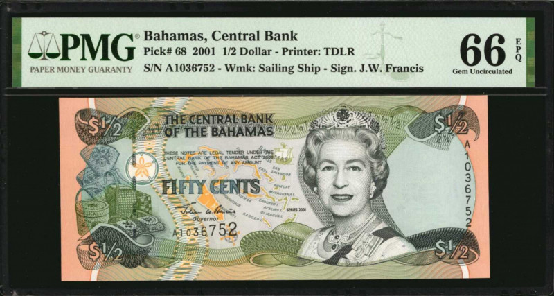 BAHAMAS. Lot of (2). Central Bank of the Bahamas. 1/2 & 1 Dollar, 2001-02. P-68 ...