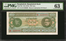 BANGLADESH. Bangladesh Bank. 100 Taka, ND (1972). P-9b. PMG Choice Uncirculated 63.

Brown underprint S/N panel. PMG comments "Staple Holes at Issue...