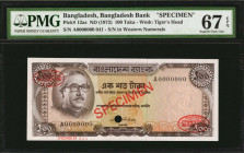 BANGLADESH. Bangladesh Bank. 100 Taka, ND (1972). P-12as. Specimen. PMG Superb Gem Uncirculated 67 EPQ.

Watermark of tiger's head. Serial number in...