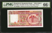 BANGLADESH. Bangladesh Bank. 10 Taka, ND (1982). P-26bs. Specimen. PMG Superb Gem Uncirculated 66.

Estimate: $100.00 - $200.00