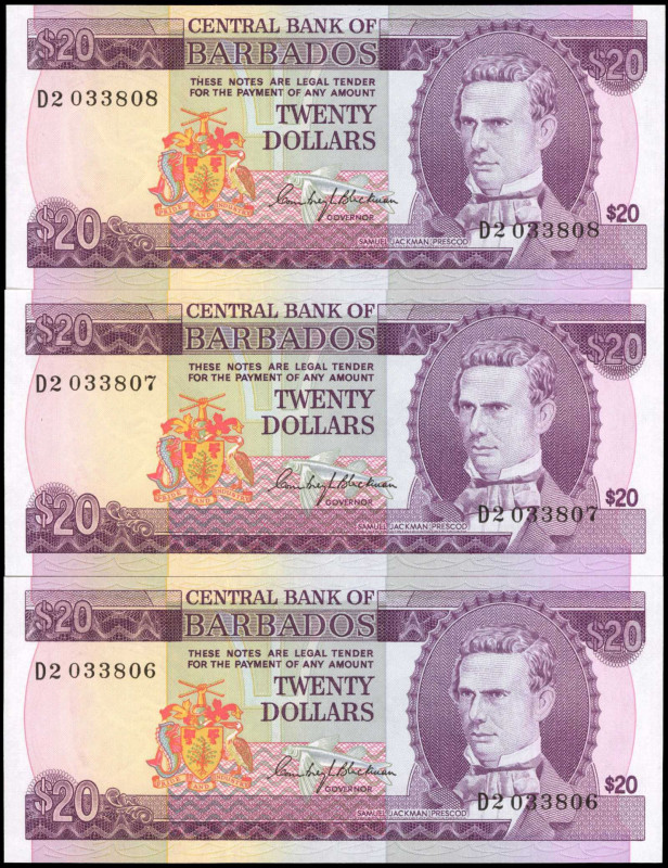 BARBADOS. Lot of (3). Central Bank of Barbados. 20 Dollars, ND (1973). P-34a. Co...