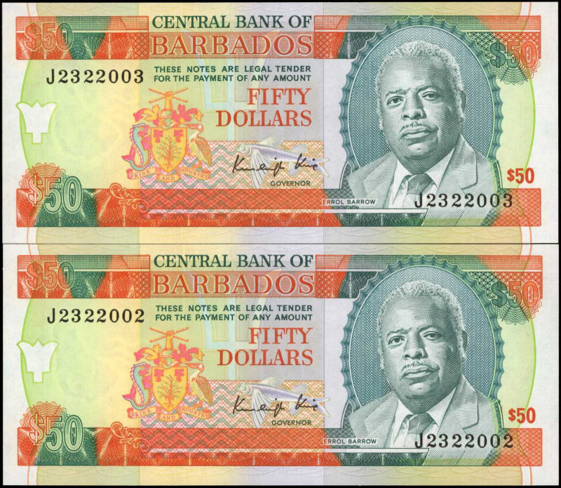 BARBADOS. Lot of (2). Central Bank of Barbados. 50 Dollars, ND (1989). P-40a. Co...