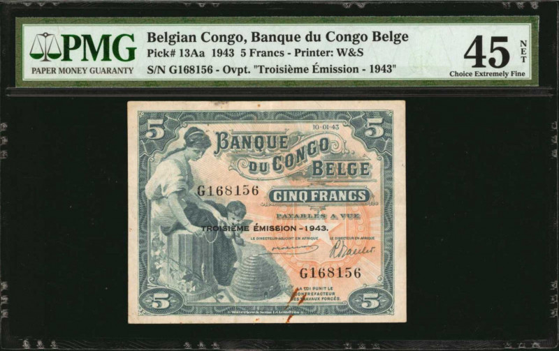 BELGIAN CONGO. Banque Du Congo Belge. 5 Francs, 1943. P-13Aa. PMG Choice Extreme...