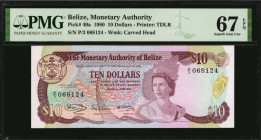 BELIZE. Monetary Authority of Belize. 10 Dollars, 1980. P-40a. PMG Superb Gem Uncirculated 67 EPQ.

Printed by TDLR. This note is tied with just a s...