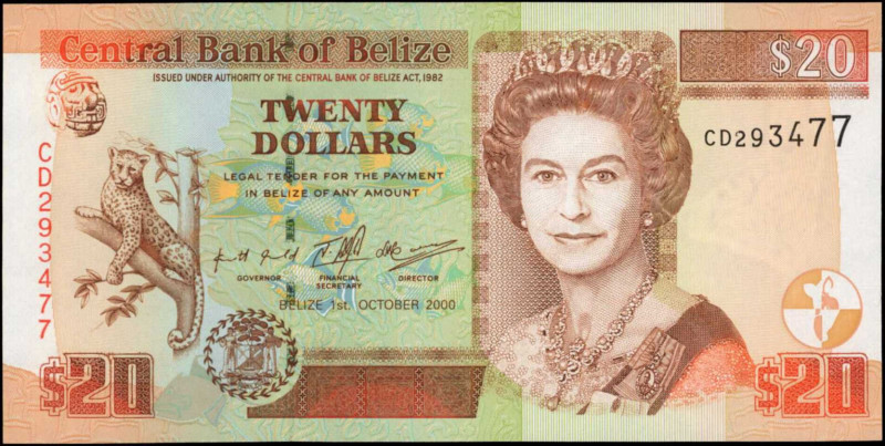 BELIZE. Central Bank of Belize. 20 Dollars, 2000. P-63b. Uncirculated.

Estima...
