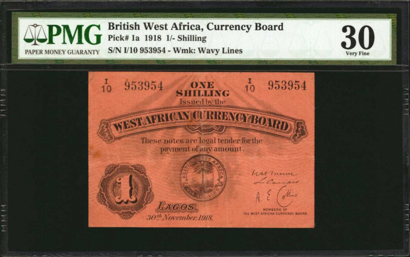 BRITISH WEST AFRICA. Currency Board. 1 Shilling, 1918. P-1a. PMG Very Fine 30.
...