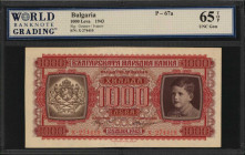 BULGARIA. Banque Nationale de Bulgarie. 1000 Leva, 1943. P-67a. WBG Gem Uncirculated 65 TOP.

At right is Simeon II with arms at left on the face, w...