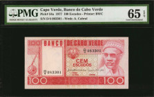 CAPE VERDE. Banco de Cabo Verde. 100 Escudos, 1977. P-54a. PMG Gem Uncirculated 65 EPQ.

Attractive African design with portrait of A. Cabral on fac...